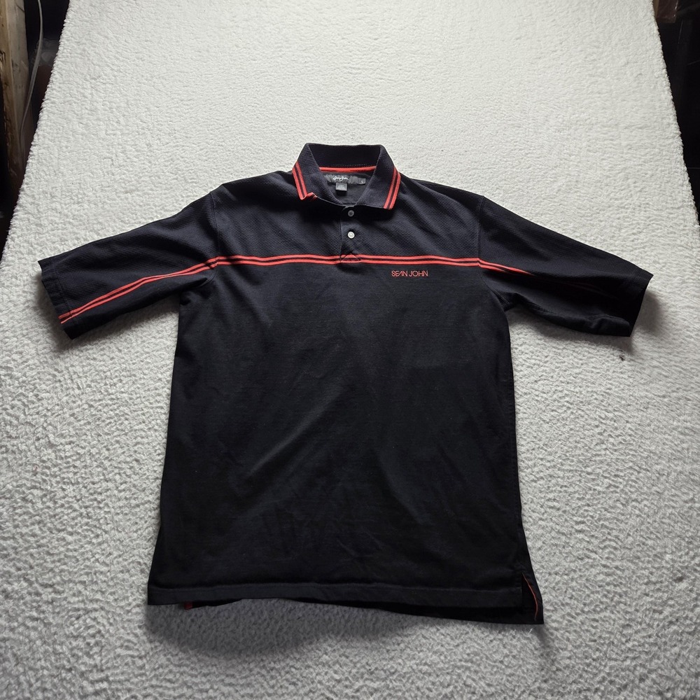 Sean John Polo Shirt Mens L Black Red Stripe Embroidered Logo Knit Top